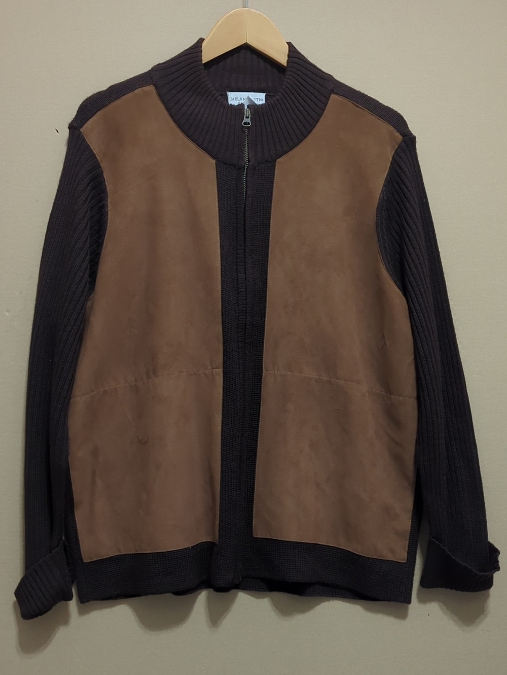 Jaclyn Smith Wool Blend Faux Suede Knit Sweater Jacket brown Colorblock 1X Tan